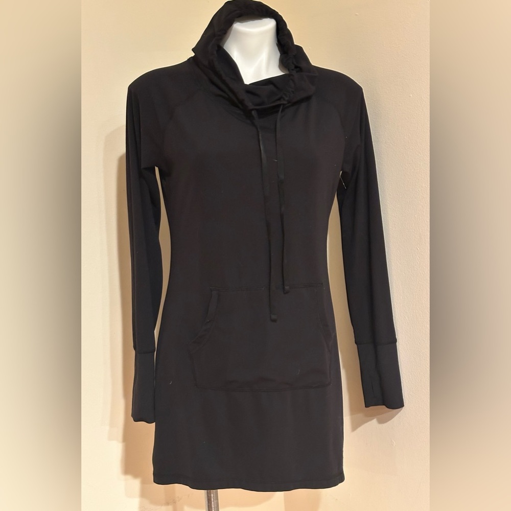 Yogalicious Lux Pull Over Black Long Thumb Holes Elastic Tie Hoodie Pock…